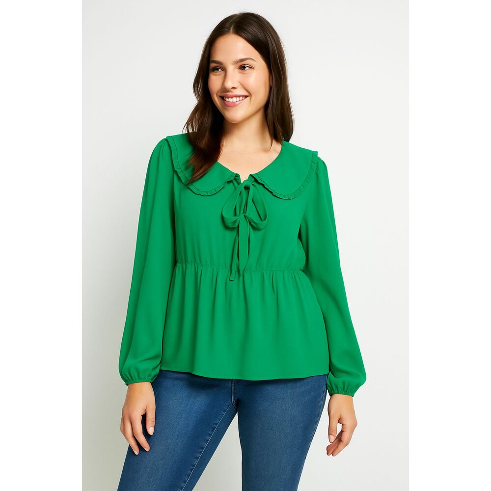 Bright Green Tie-Front Ruffle Collar Blouse Long Sleeve Top Women’s Size L